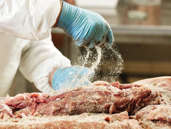 Operatore che cosparge a mano sale e spezie sulla carne